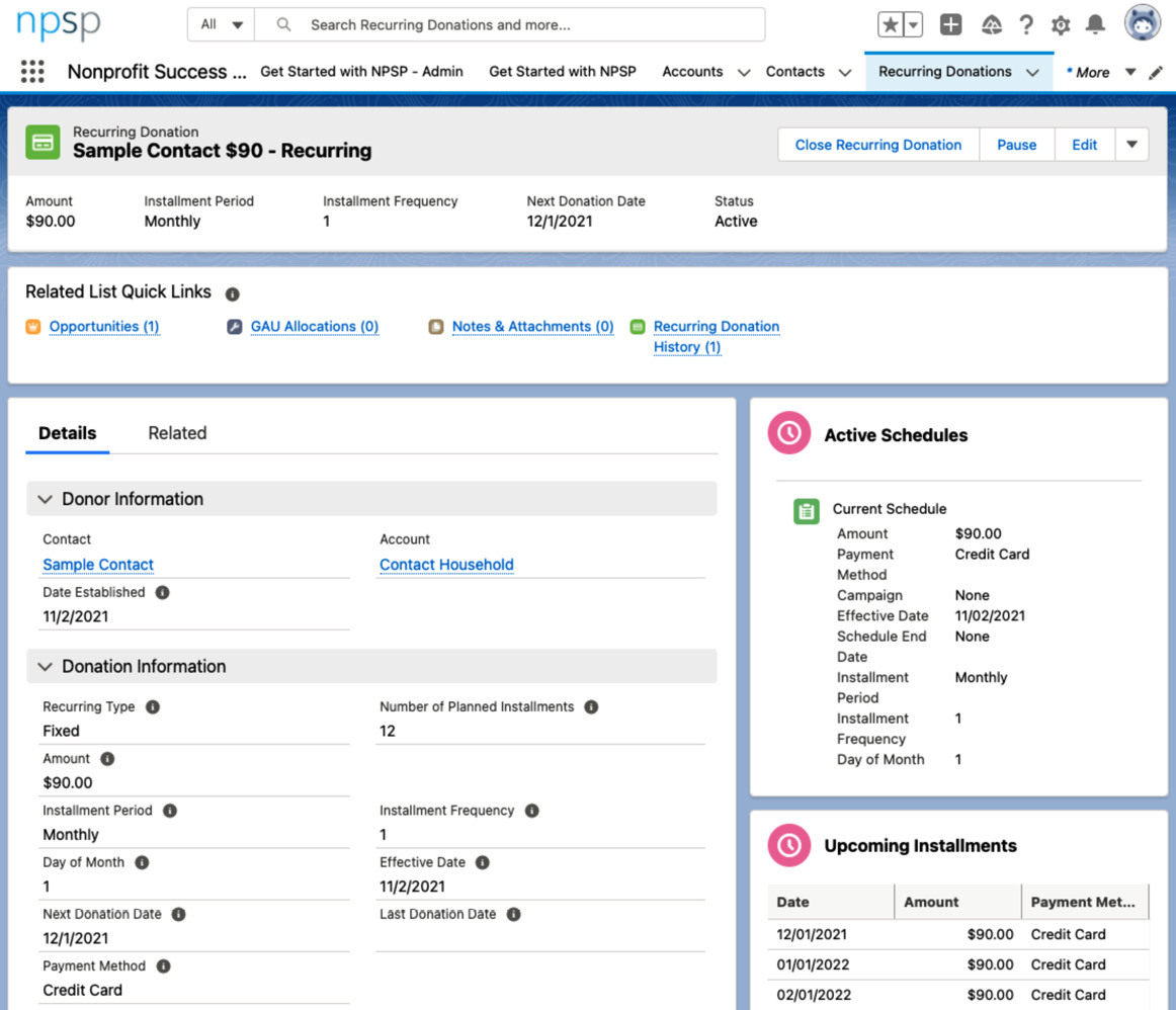 Figure 10.11 – Sample recurring donation record page with the Active Schedules and Upcoming Installments components