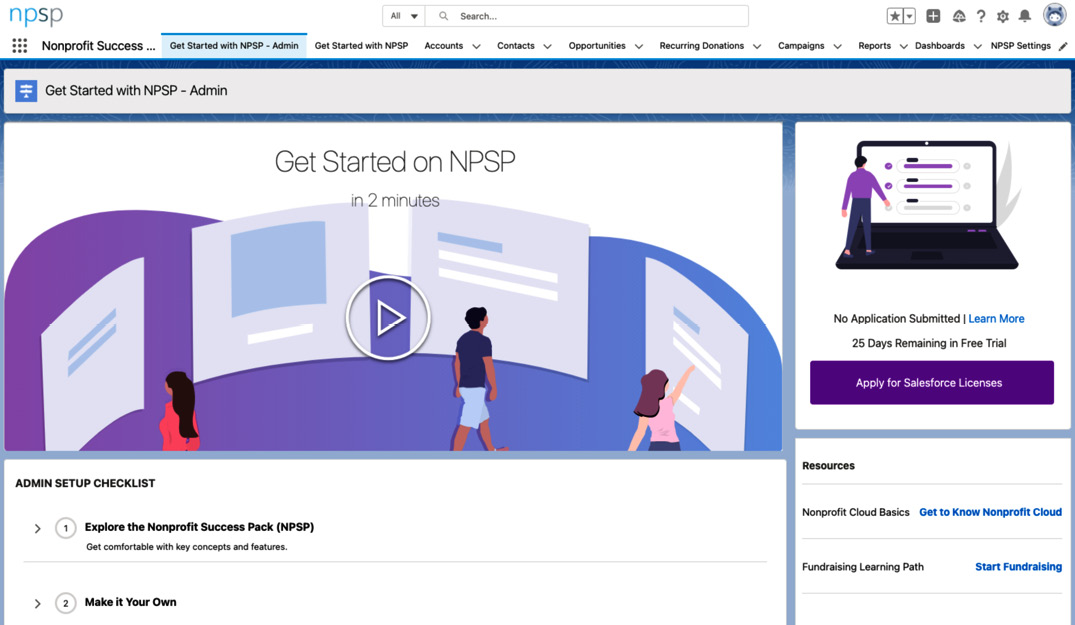 Figure 10.1 – Get Started with NPSP – Admin landing page when you log in to Salesforce
