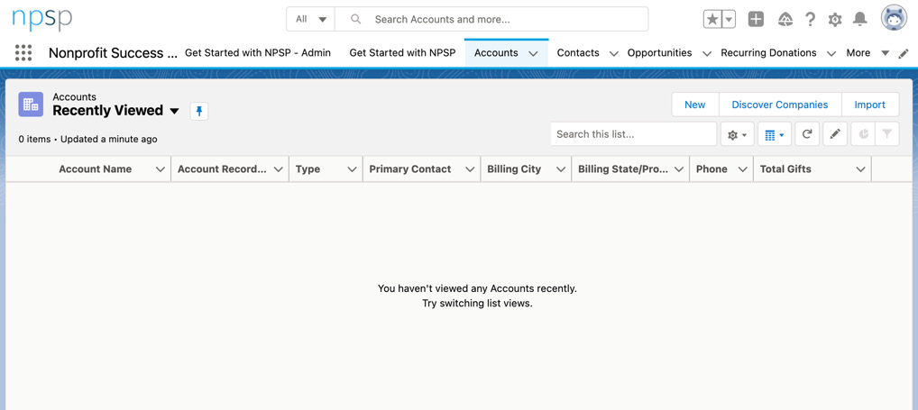 Figure 10.6 – This is what you should see when you click the Accounts object tab in NPSP

