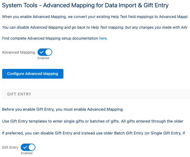 Figure 10.7 – NPSP Settings page where the Advanced Mapping and Gift Entry settings are enabled
