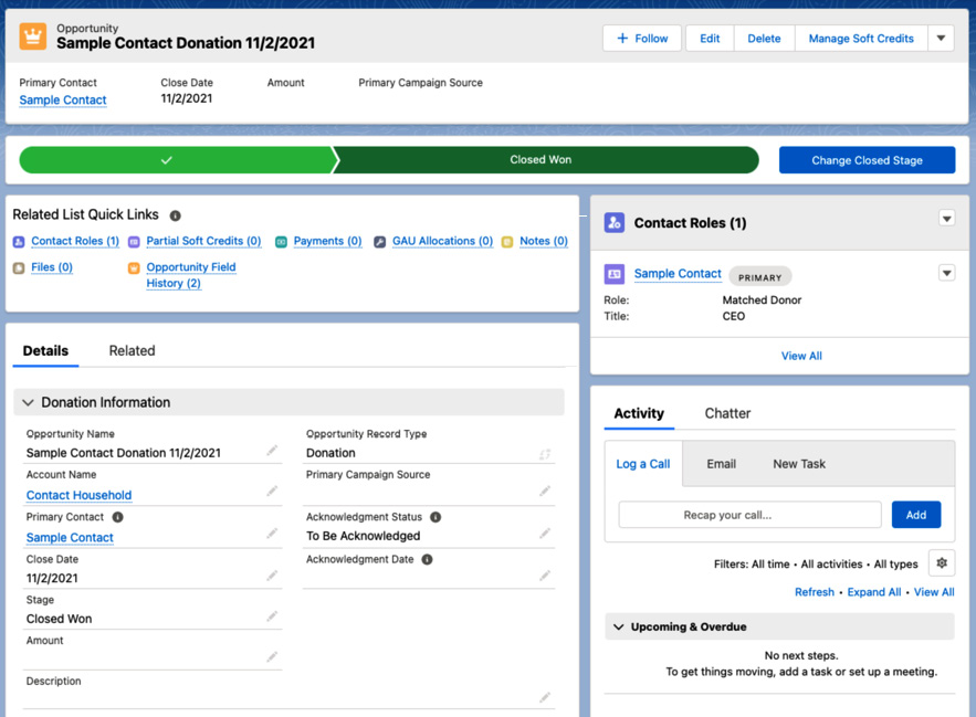 Figure 10.8 – Sample Opportunity record showing the related Contact Roles and Manage Soft Credits dropdowns
