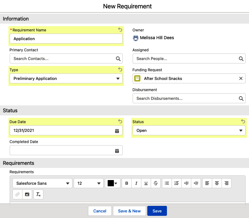 Figure 12.11 – A sample requirement creation for a funding request record
