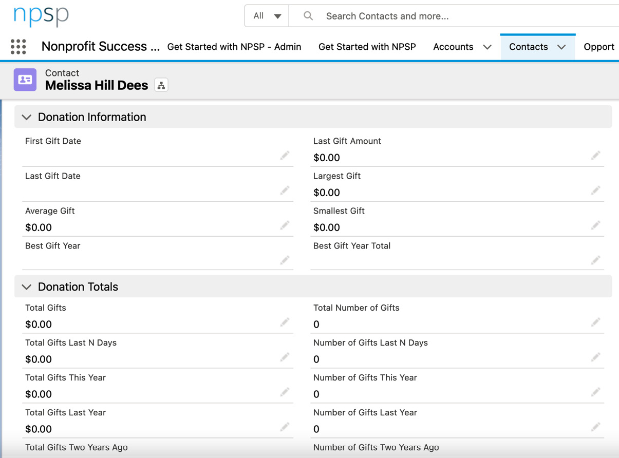 Figure 12.1 – The donation information and donation totals fields on a contact page are examples of standard rollup fields.