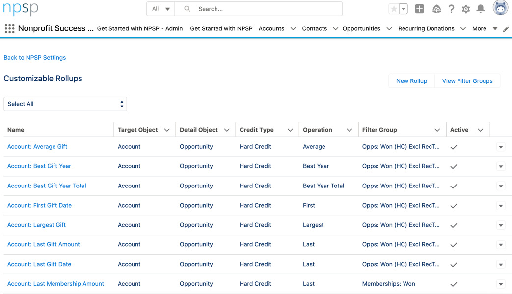 Figure 12.2 – A Customizable Rollups example page from NPSP
