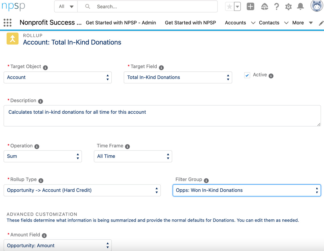 Figure 12.4 – An example of customizable rollup creation to sum in-kind donations
