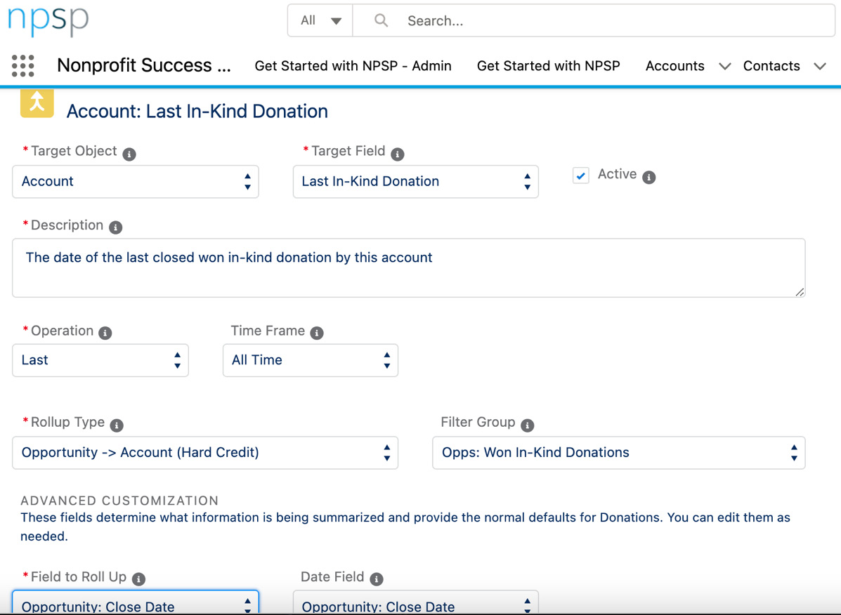 Figure 12.5 – An example of the creation of a customizable rollup to show the last date that an in-kind donation was made