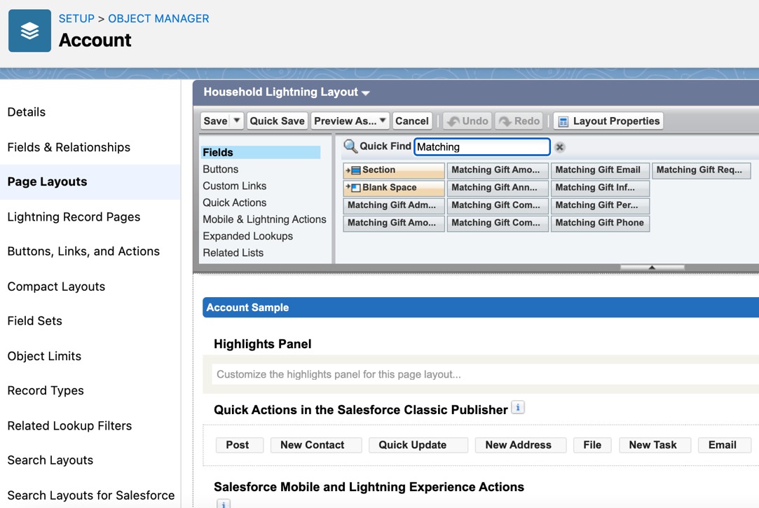 Figure 12.6 – The matching gift fields to be added to the Account page layouts
