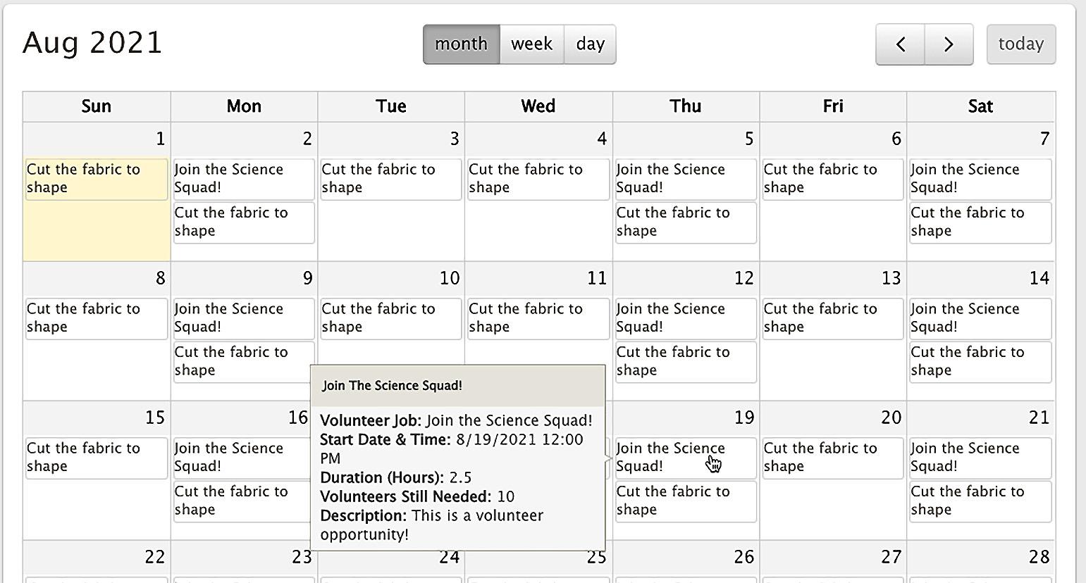 Figure 5.1 – V4S calendar on a public web page
