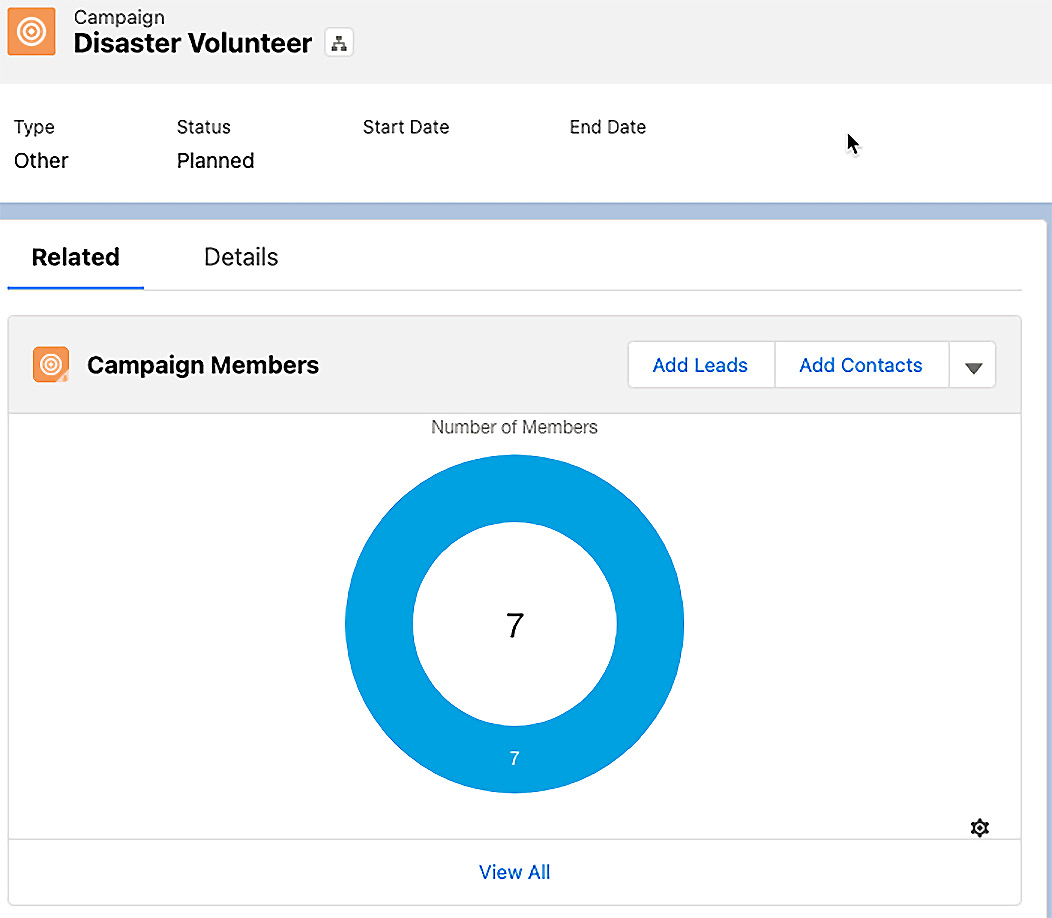 Figure 5.5 – V4S uses Salesforce's standard Campaign object to group volunteers
