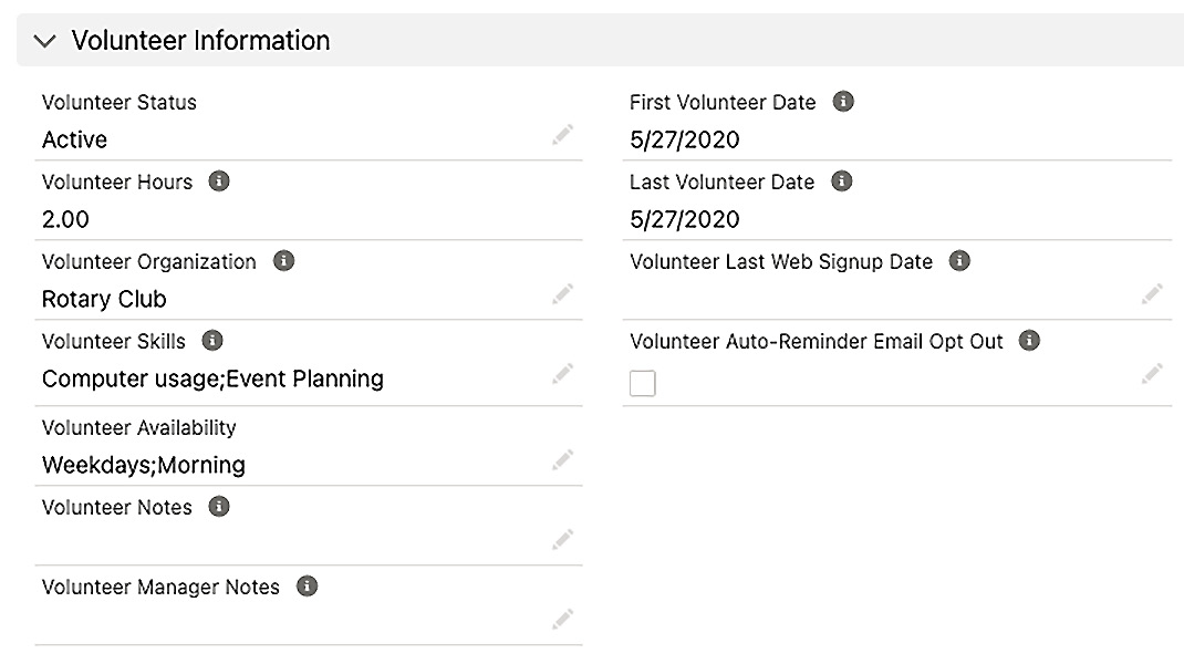 Figure 5.7 – Volunteer fields added by V4S to the Contact object
