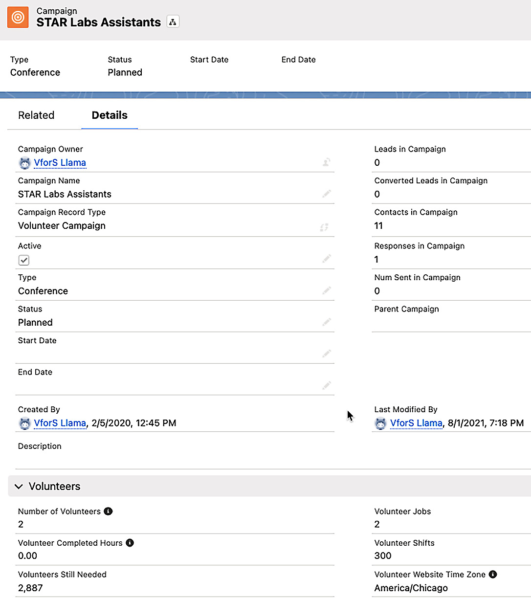 Figure 5.8 – Salesforce standard Campaign object with V4S custom fields
