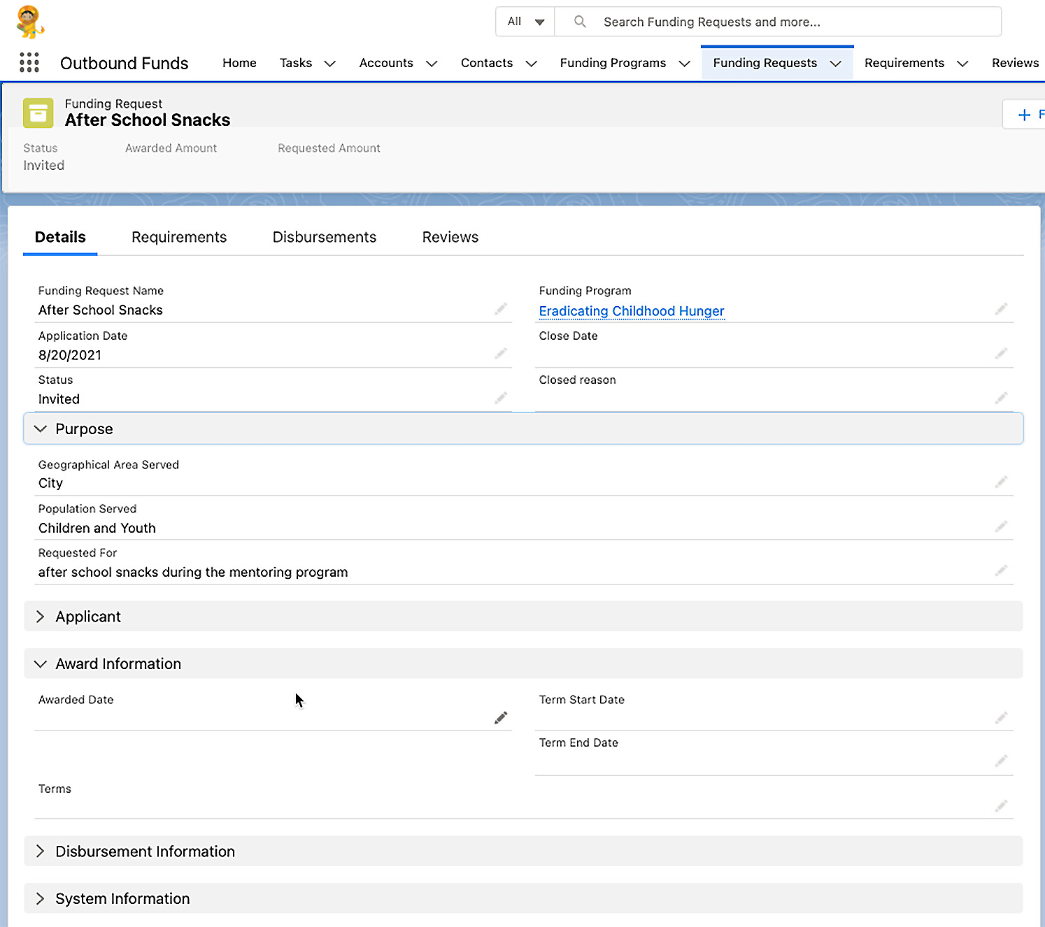 Figure 6.3 – Example of a Funding Request record and related information in OFM
