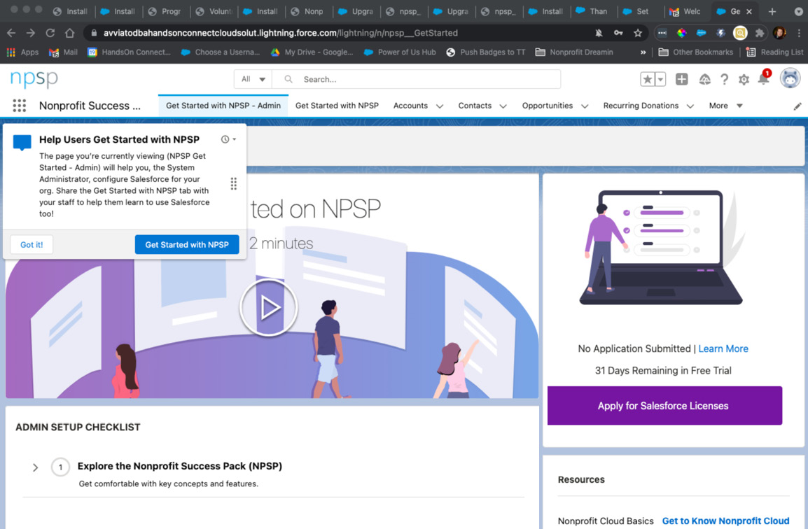 Figure 9.3 – Sample landing page when logging into a new Salesforce Nonprofit Cloud instance
