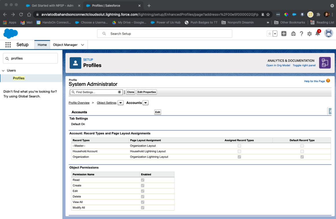 Figure 9.4 – This is a view of the Accounts settings in a profile using NPSP
