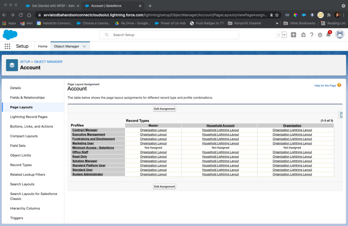 Figure 9.5 – This is an example of the Account Page Layout Assignment by profile and record type for NPSP