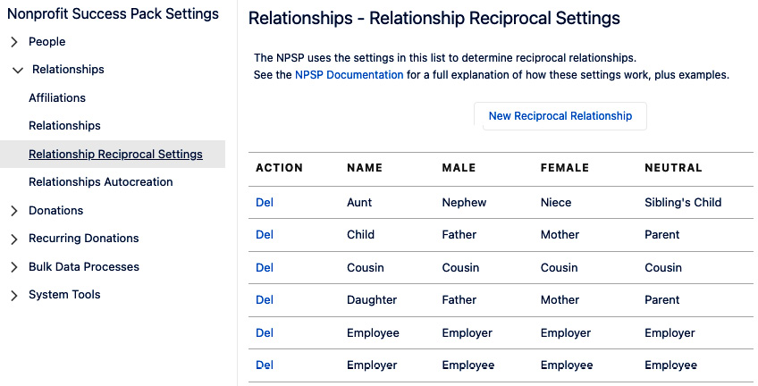 Figure 9.9 – Relationship Reciprocal Settings page in NPSP
