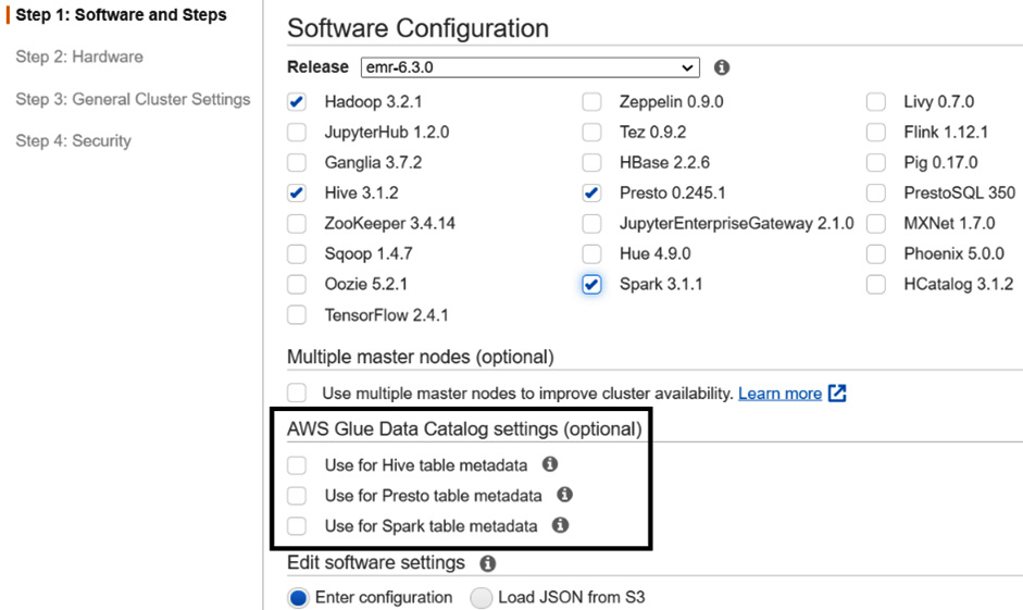 Figure 8.1 – EMR console to configure Glue Data Catalog
