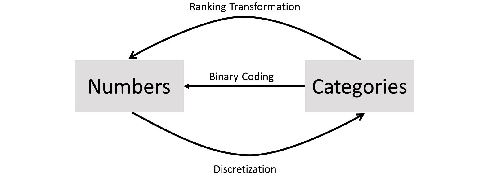 Figure 14.3 – Direction of application for binary coding, ranking transformation, and discretization
