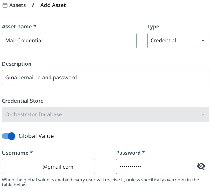 Figure 14.8 – Creating a credential asset to store the Gmail credentials
