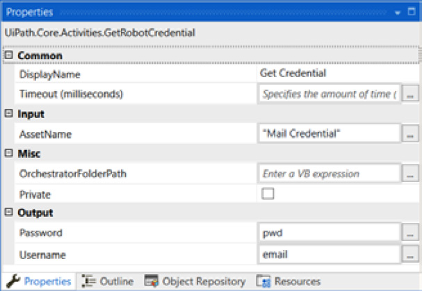 Figure 14.9 – The Properties panel of the Get Credential activity
