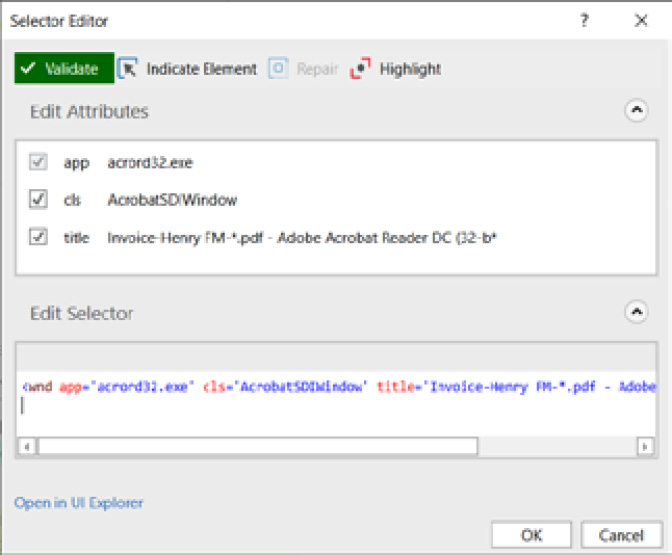 Figure 14.30 – The Selector Editor window of the Attach Window activity
