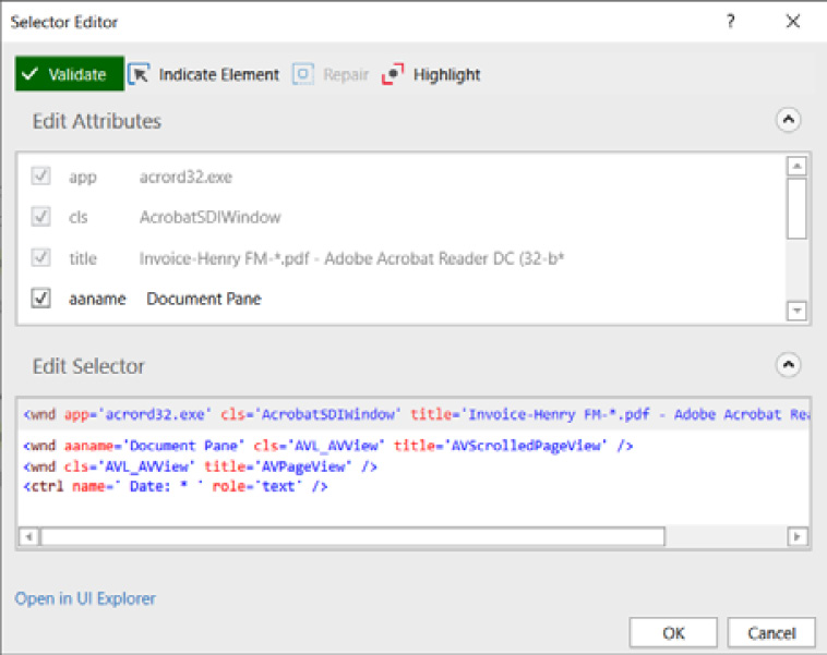 Figure 14.32 – The Selector Editor window of the Get Text activity for the invoice date
