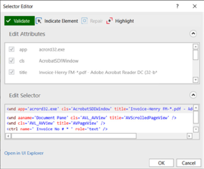 Figure 14.33 – The Selector Editor window of the Get Text activity for the invoice number
