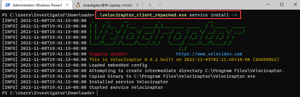Figure 11.23 – Installing the Velociraptor client as a service 
