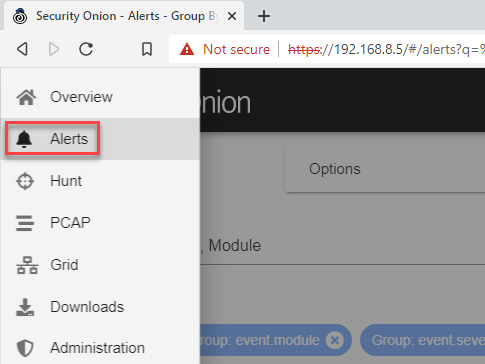Figure 11.27 – Navigation to the Alerts dashboard in Security Onion
