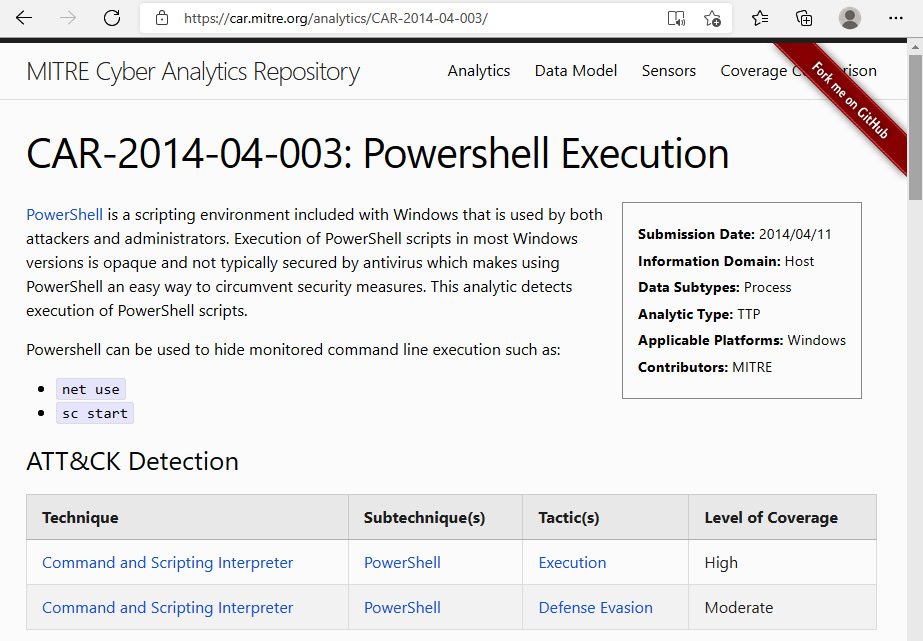 Figure 12.19 – The MITRE CAR analytic for PowerShell execution
