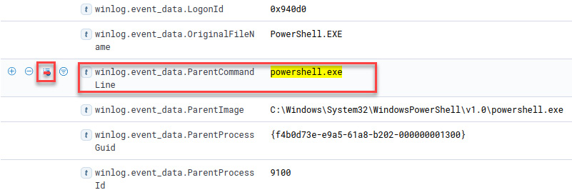 Figure 12.31 – Toggling the winlog.event_data.ParentCommand Line column in the table
