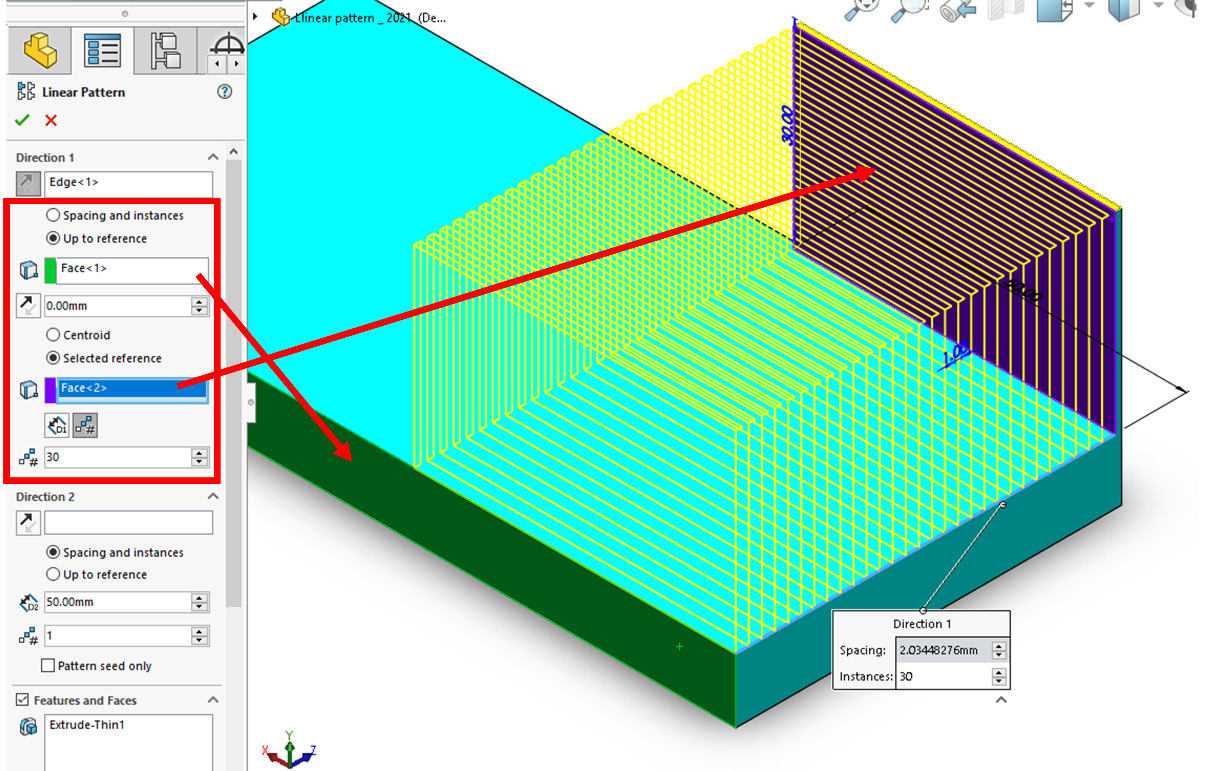 Figure 12.61 – Defining Direction 1 for the linear pattern
