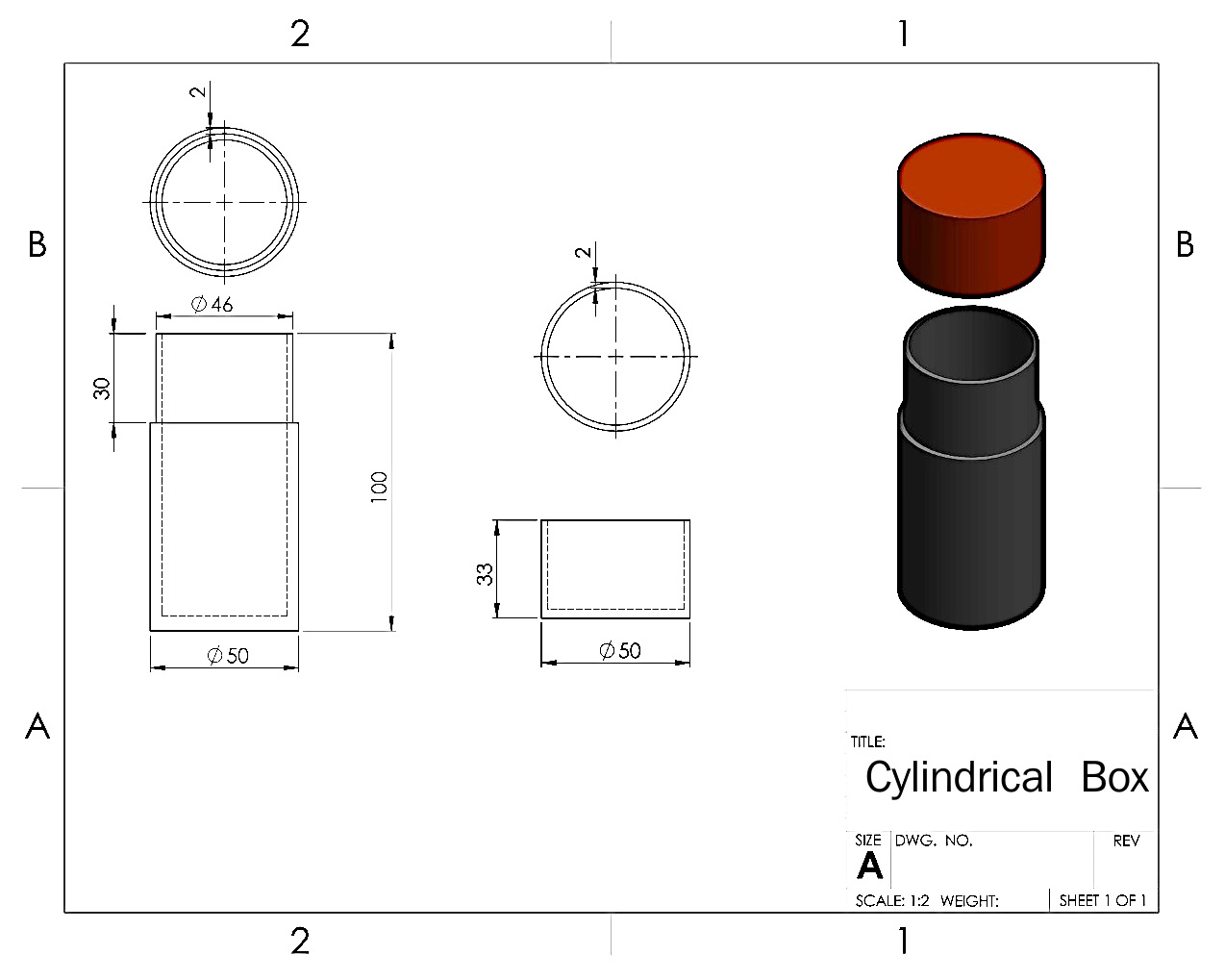 Figure 2.4 – A 2D engineering drawing communicating the design of the cylindrical box
