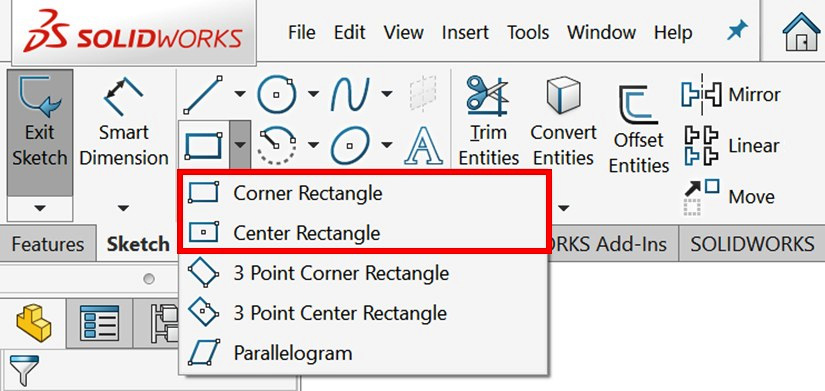 Figure 3.24 – The sketching commands Corner Rectangle and Center Rectangle used in the exercise
