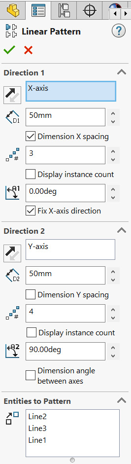 Figure 4.20 – The options for setting a linear sketch pattern 
