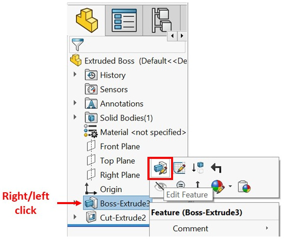 Figure 5.27 – The Edit Feature command as shown in the SOLIDWORKS interface
