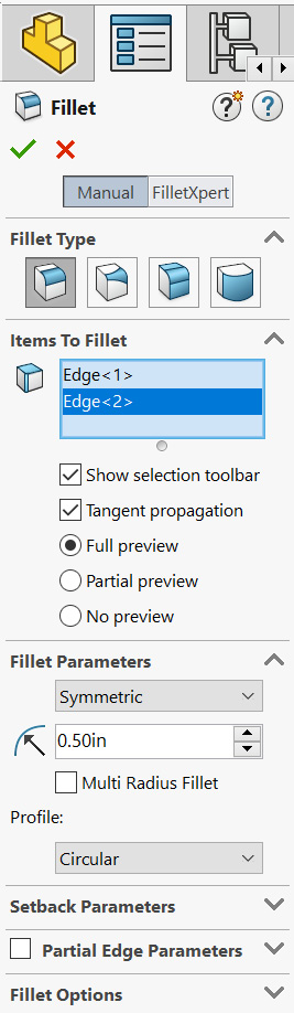 Figure 5.38 – The fillet feature PropertyManager
