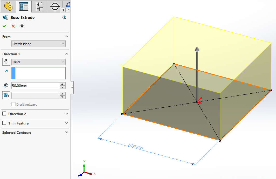 Figure 5.53 – The first step is to extrude the base square by 50 mm
