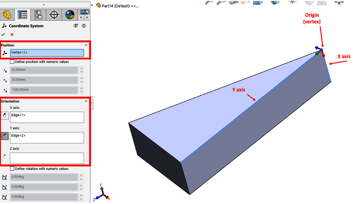 Figure 7.6 – The preview of the new coordinate system and its PropertyManager
