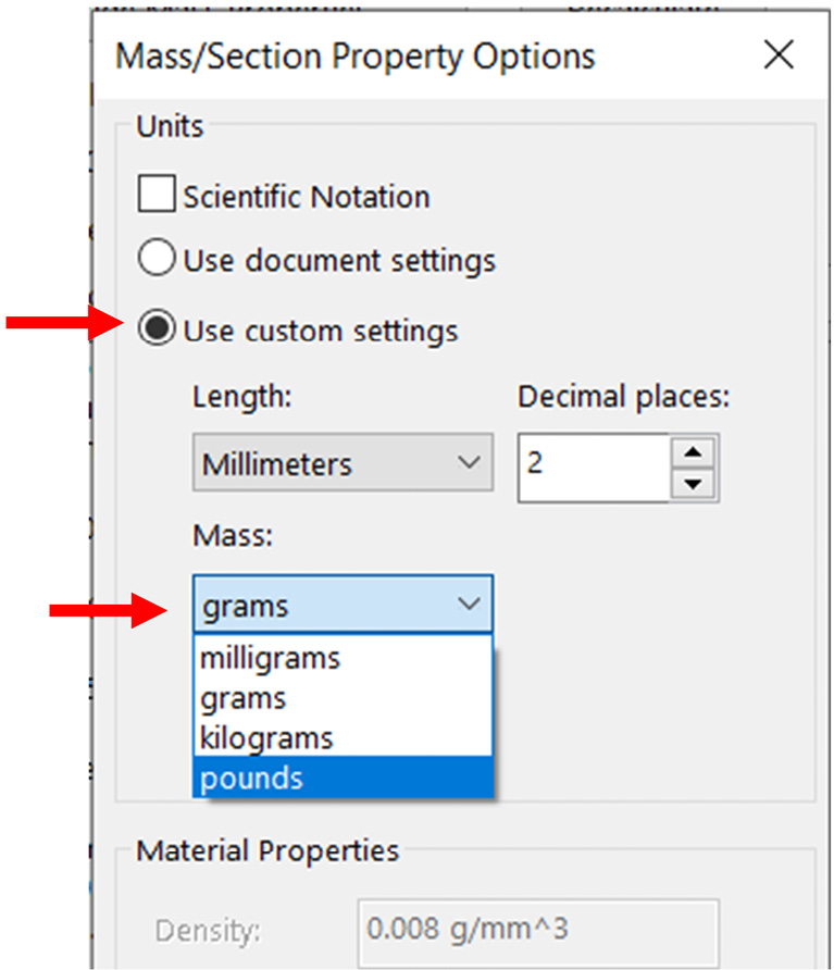 Figure 7.20 – We can change the unit of measurement that's used for the mass properties
