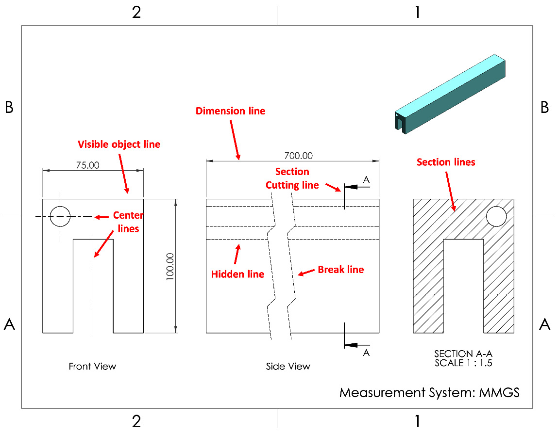 Figure 9.4 – An engineering drawing utilizing different types of lines
