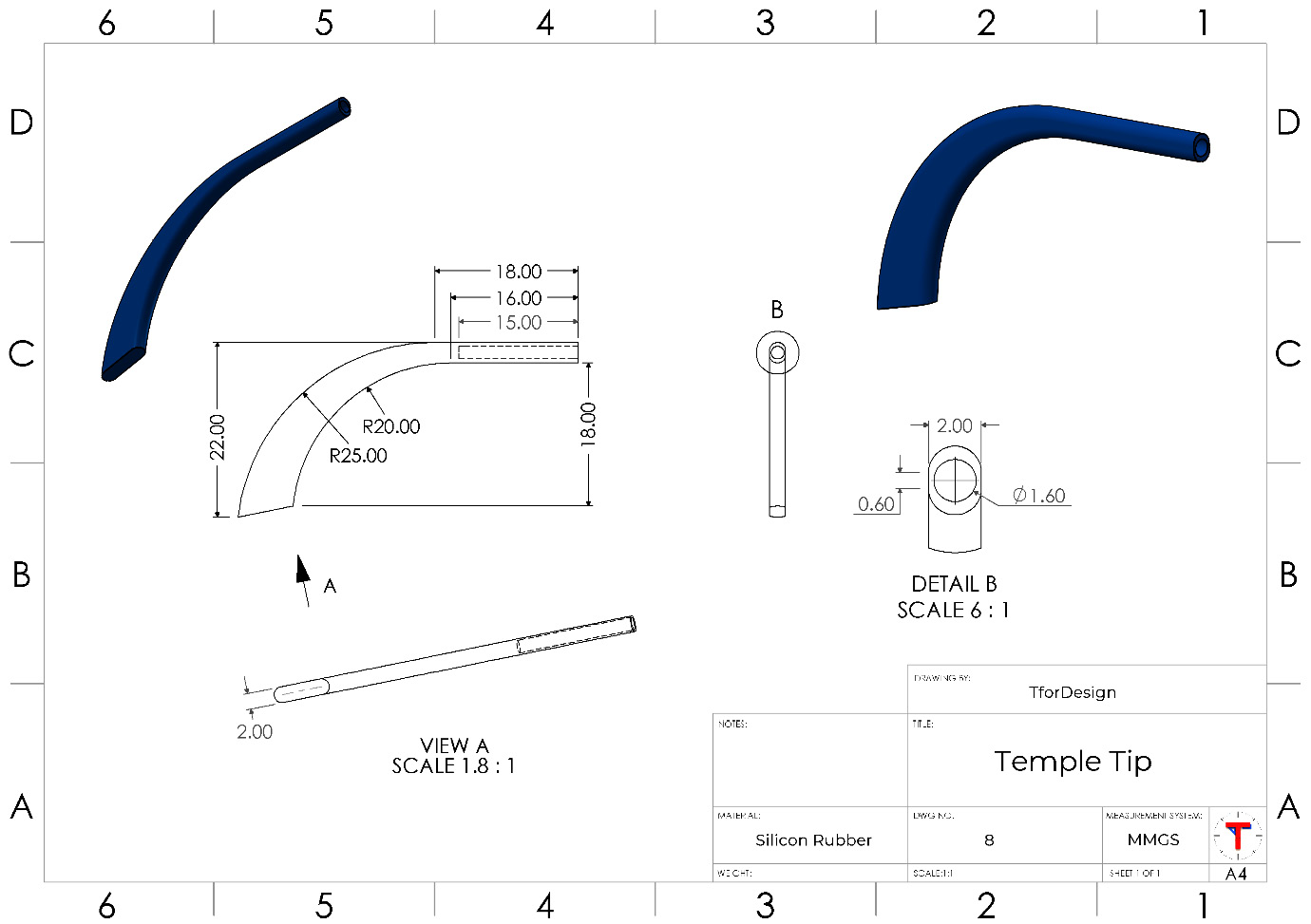 Figure P1.18 – A detailed drawing for the temple tip
