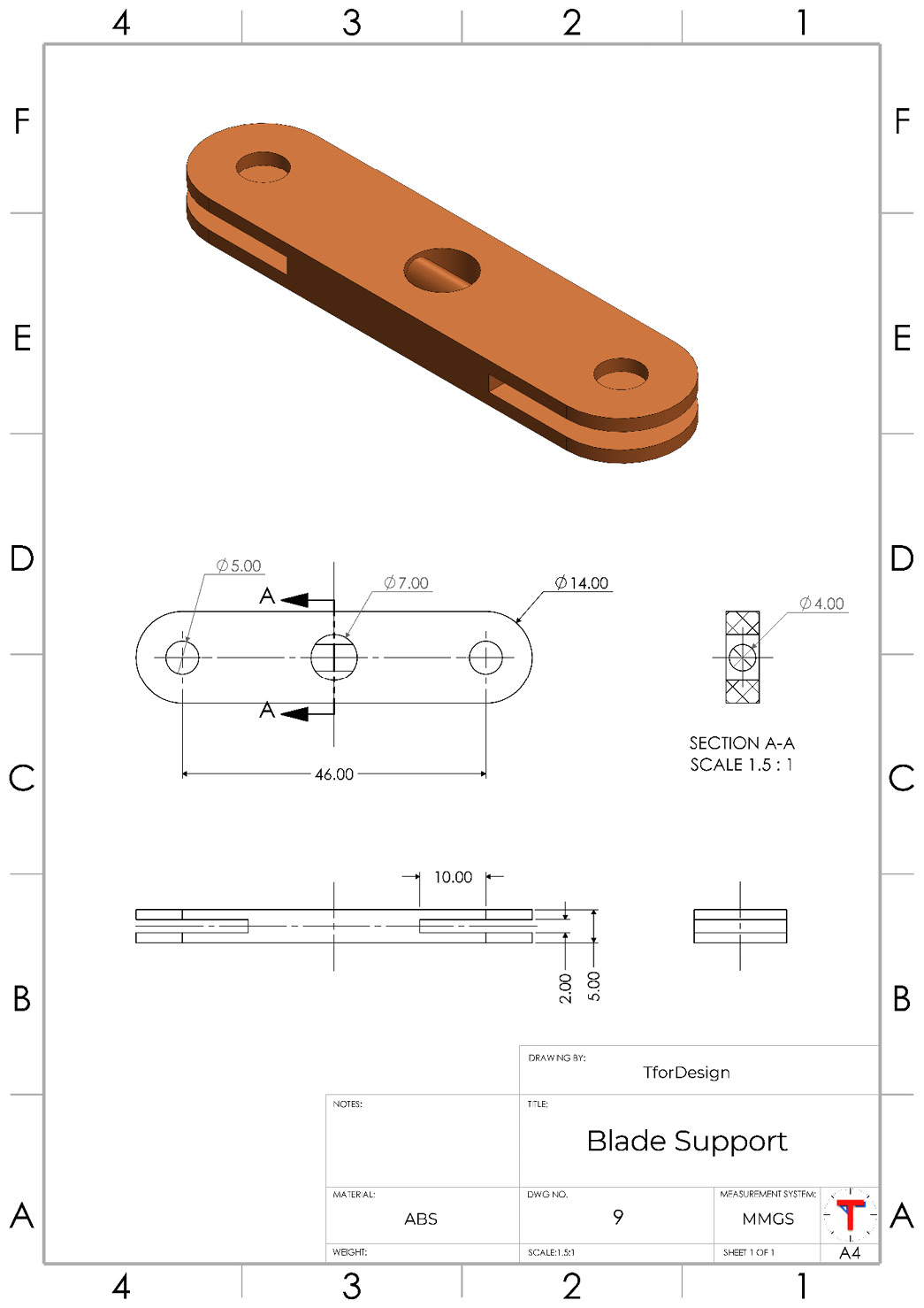 Figure P2.21 – Detailed drawing for the blade support 
