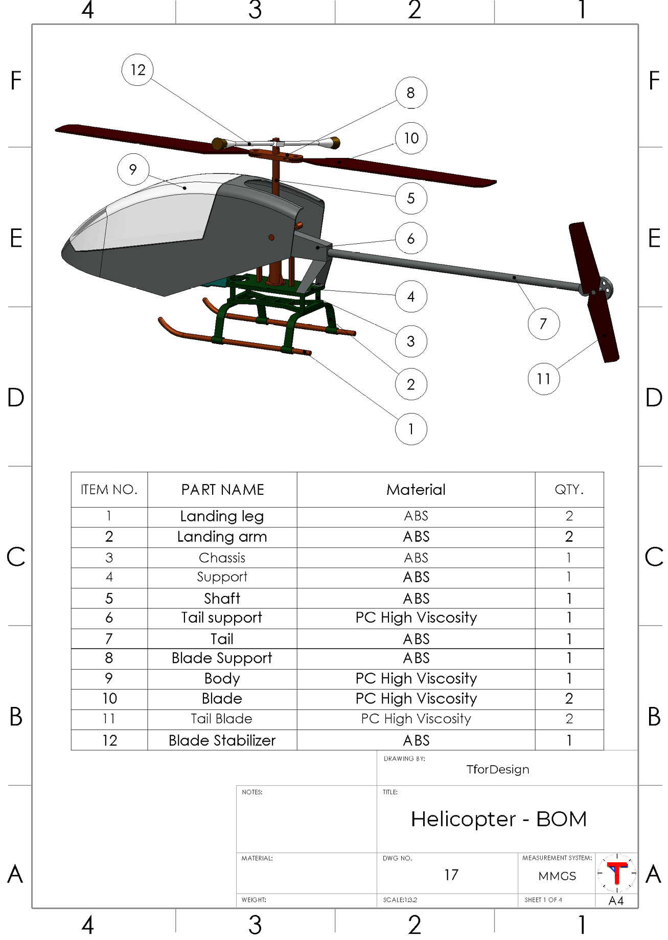 Figure P2.56 – The fully assembled RC helicopter model with all the parts
