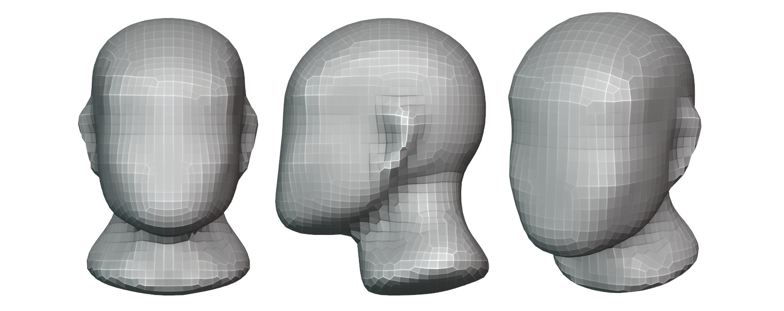 Figure 3.13 – The finished ear and neck shapes as seen from the front, the side, and a three-quarters view
