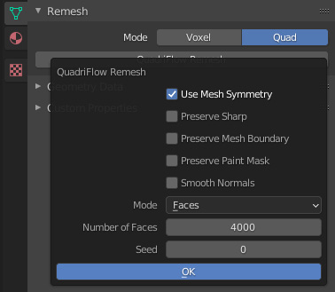 Figure 5.13 – The QuadriFlow remesh options as displayed in the Properties editor
