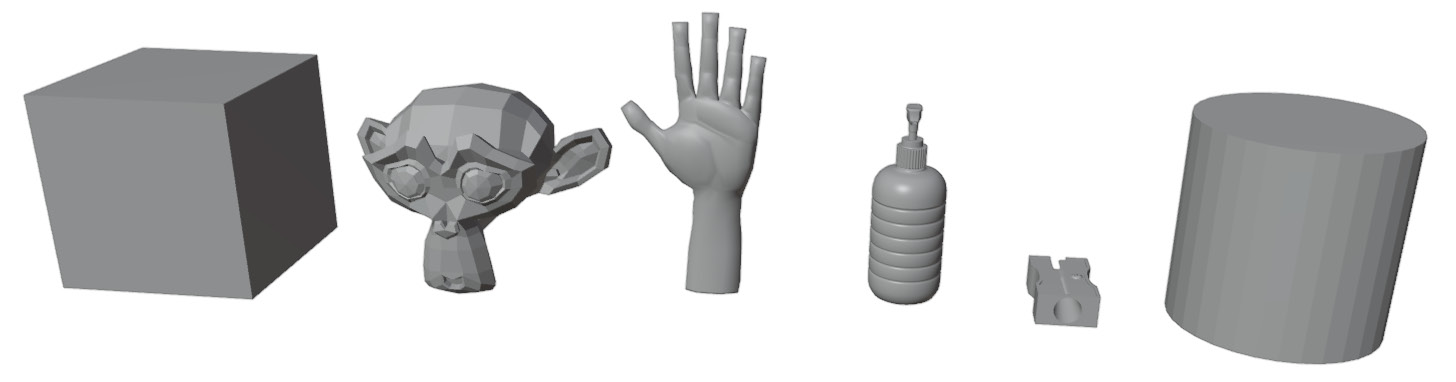 Figure 5.17 – Six example objects, from left to right: Cube, Suzanne, Hand, Bottle, Sharpener, and Cylinder
