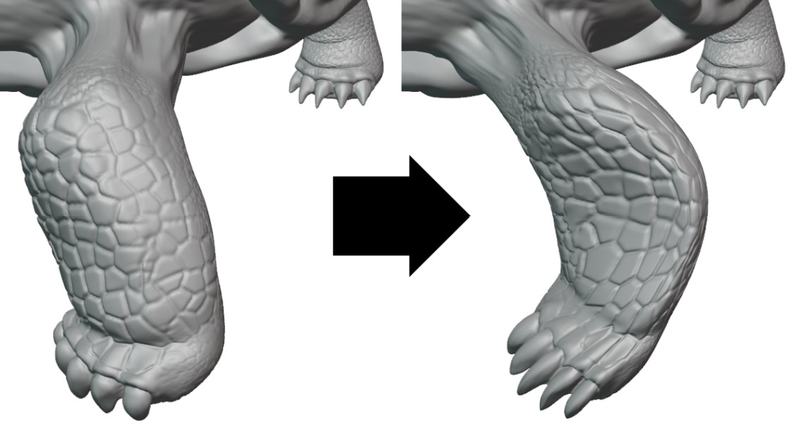 Figure 5.40 – The tortoise's leg before and after being stretched to the side via the Grab brush
