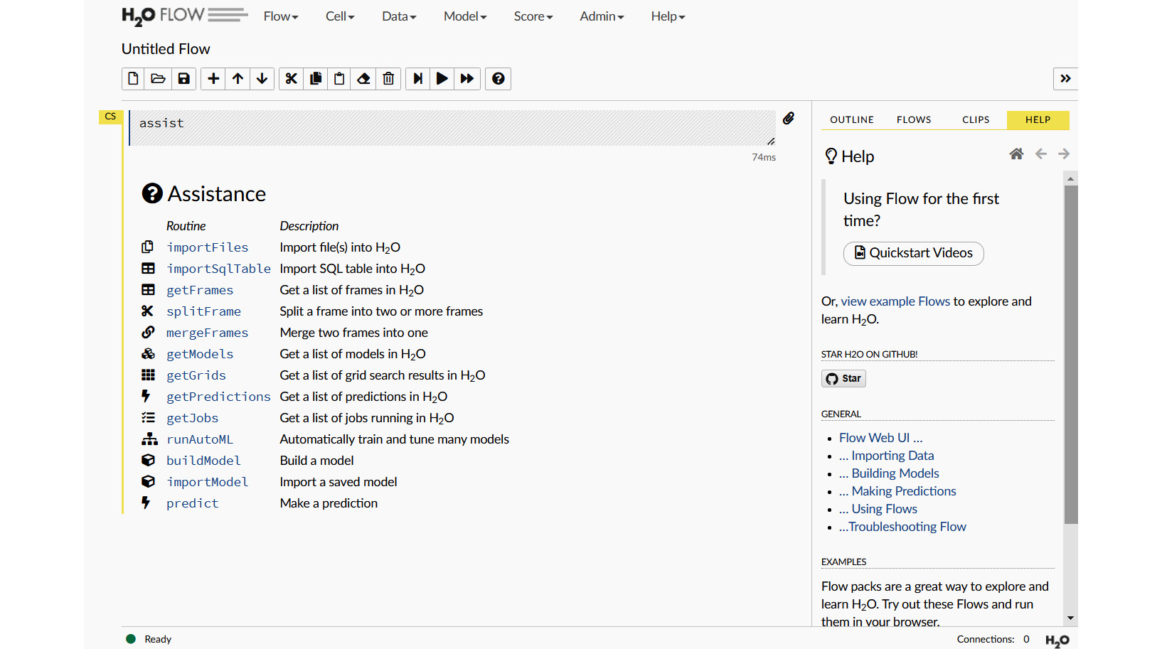 Figure 2.1 – The main page of the H2O Flow UI
