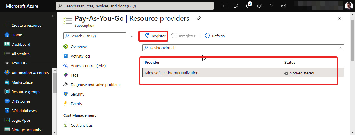 Figure 2.4 – Registering the chosen subscription with the Microsoft.DesktopVirtualization provider

